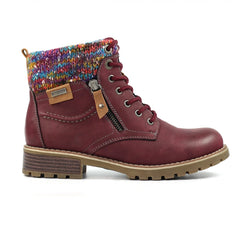 A burgundy Lunar lace-up waterproof ankle boot with a colorful knit cuffed collar, a side zipper, and a brown lug sole, shown from a side profile on a white background.