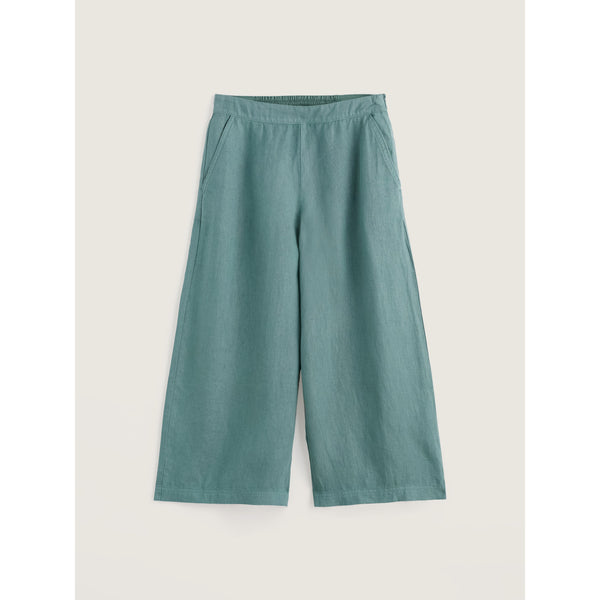 Teal wide-leg pants on a light beige background. 
