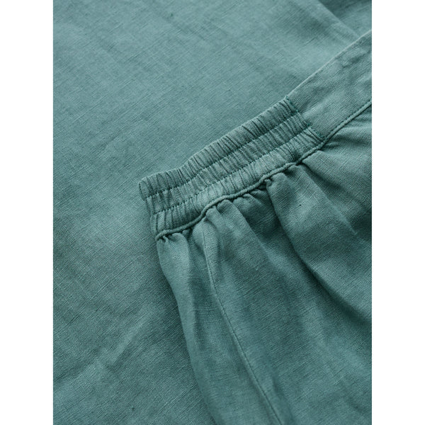 Close-up of teal fabric with an elastic waistband.