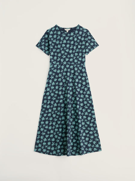 Blue floral dress on a white background.