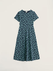 Blue floral dress on a white background.