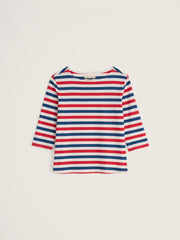 Red, white, and blue striped long-sleeve shirt on a light beige background.