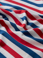 Close-up of fabric with red, white, and blue horizontal stripes.