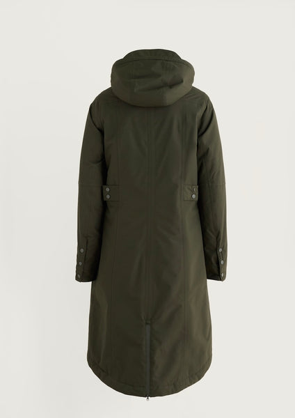An olive green hooded Seasalt coat shown from the back, featuring a high collar, long sleeves, and flap pockets with snap buttons, photographed against a light gray studio background.