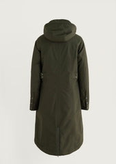 An olive green hooded Seasalt coat shown from the back, featuring a high collar, long sleeves, and flap pockets with snap buttons, photographed against a light gray studio background.