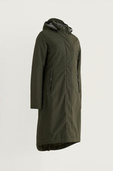 An olive green hooded parka jacket shown from a three-quarter angle against a light gray studio background.