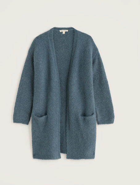 A dusty blue open-front cardigan sweater with long sleeves and two front patch pockets, displayed flat against a light off-white background.