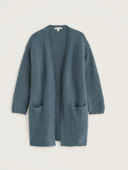A dusty blue open-front cardigan sweater with long sleeves and two front patch pockets, displayed flat against a light off-white background.