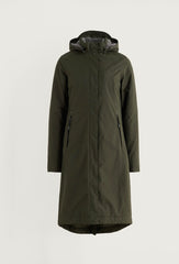 An olive green hooded parka coat with a front zipper and zippered side pockets, shown against a plain light gray background.