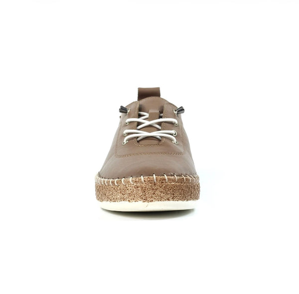 A single taupe brown leather lace-up shoe with a cork-textured midsole and white laces, shown from a front-facing perspective on a white background.