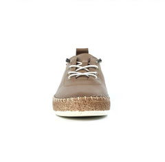 A single taupe brown leather lace-up shoe with a cork-textured midsole and white laces, shown from a front-facing perspective on a white background.