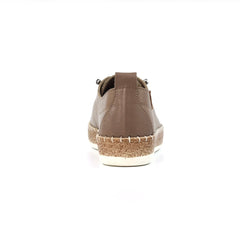 A single brown leather lace-up shoe shown from the back, featuring a cork-wrapped midsole and a white outsole, set against a plain white background.