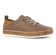 A single brown leather espadrille-style shoe with white laces, a cork-wrapped midsole, and a white outsole, shown from a side profile on a white background.