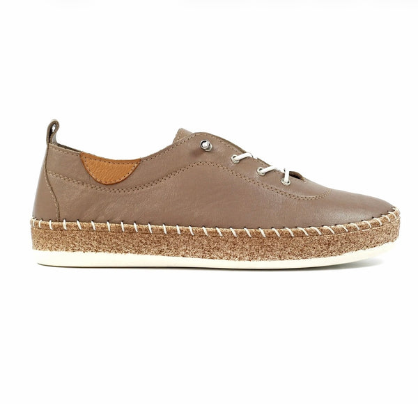 A single taupe brown leather espadrille shoe with white laces, a cork-textured midsole, and a white rubber outsole, shown in a side profile on a white background.
