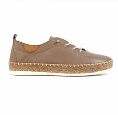 A single taupe brown leather espadrille shoe with white laces, a cork-textured midsole, and a white rubber outsole, shown in a side profile on a white background.