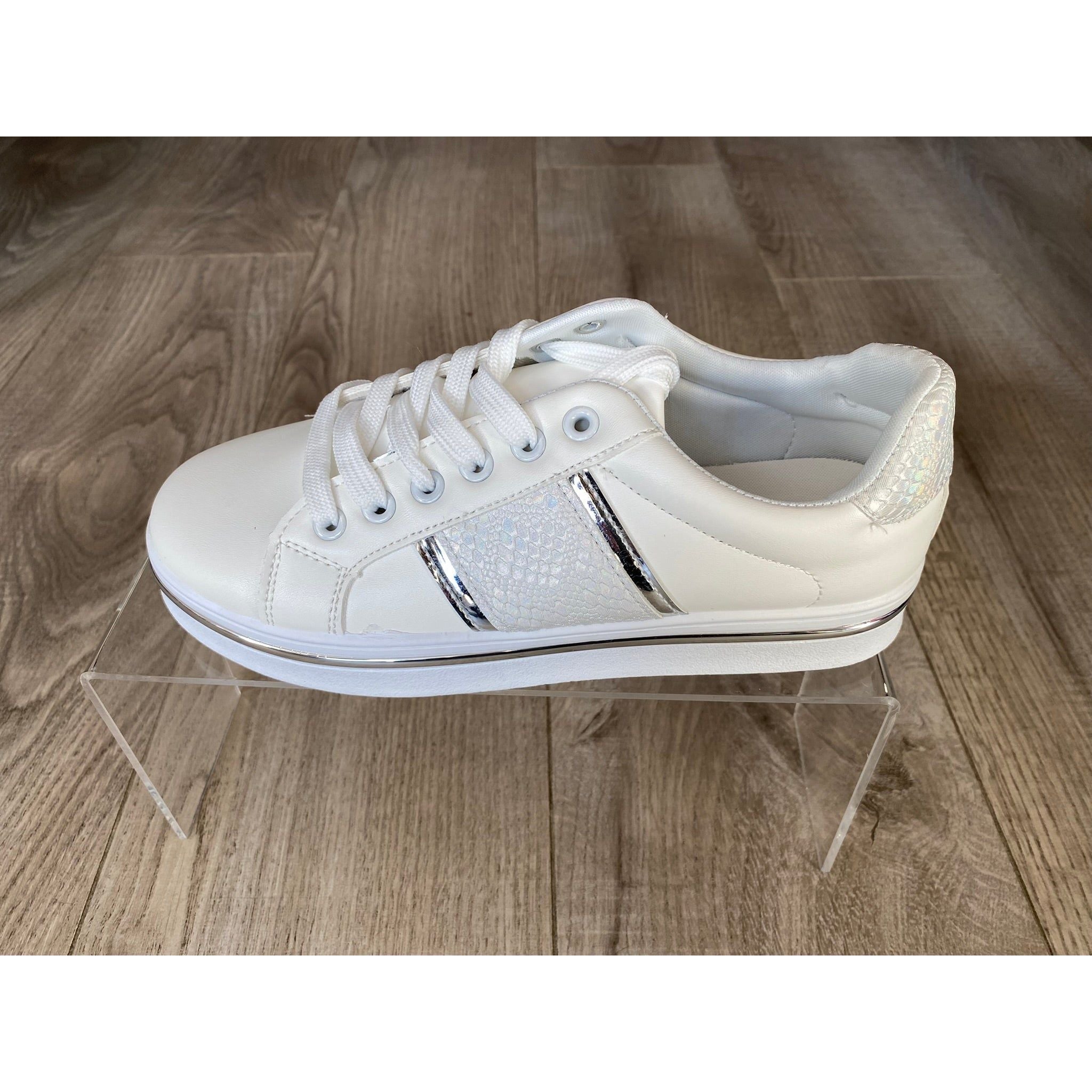 Shoes Women's White Platform Snakeprint Silver Trim Trainers | YD159